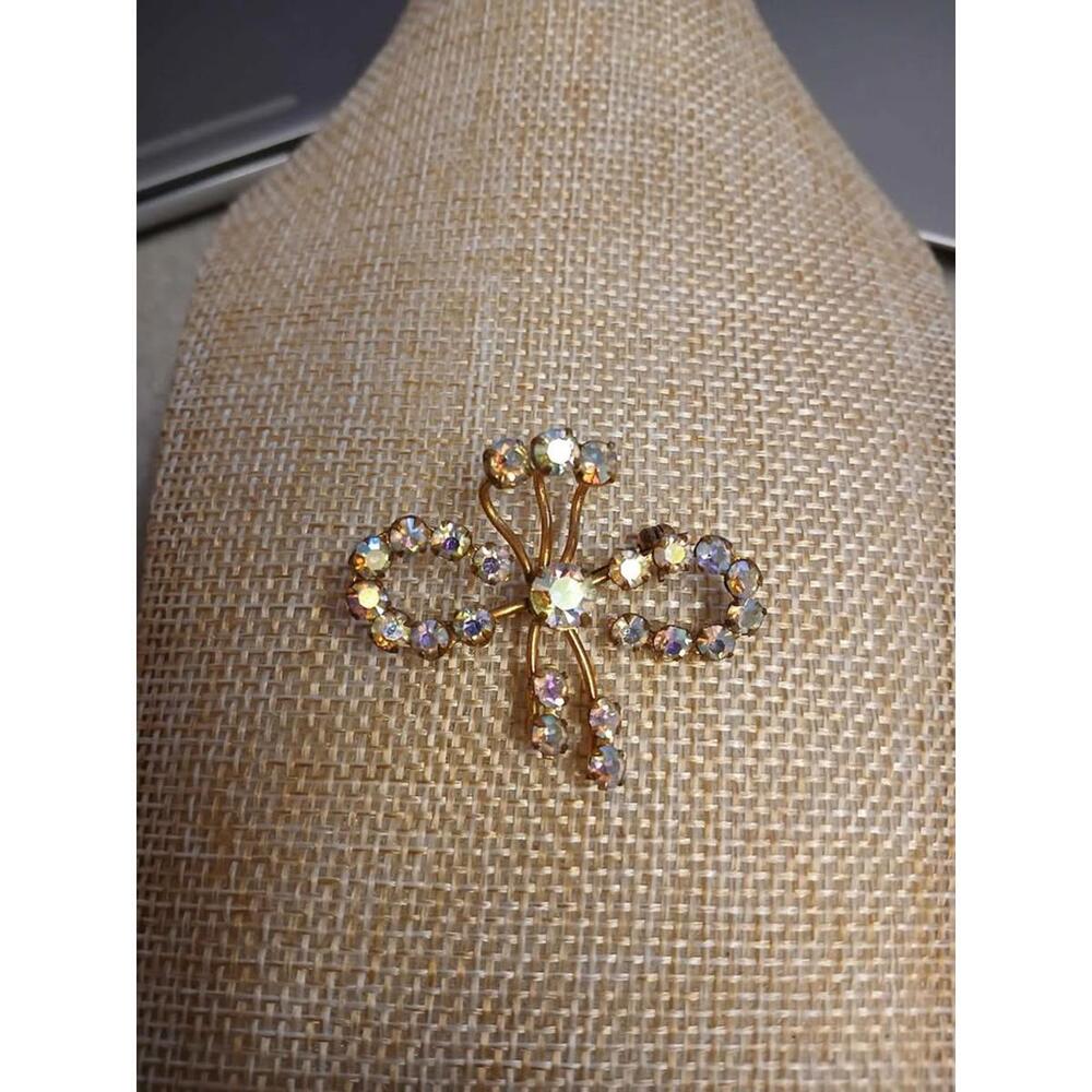 Vintage Austria Brooch Gold‎ Tone AB Rhinestone  Bow Pin Iridescent Mid Century